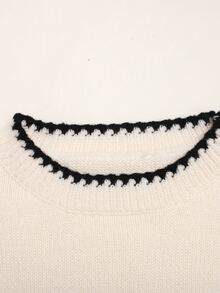 SHEIN 青少年女孩對比飾邊圓領長袖休閒百搭針織上衣 秋季毛衣 - 杏色 - 查看 5