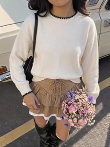 SHEIN 青少年女孩對比飾邊圓領長袖休閒百搭針織上衣 秋季毛衣 - 杏色 - 查看 11
