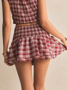 Poéselle Women's Pink Plaid Mini Skort ,High-Waist Smocked Shirred Ruffle Skirt With Built-In Shorts,Summer Retro Vintage 70s Date Back-To-School - Burgundy - View 5