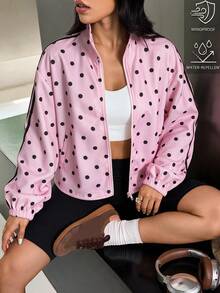 Muchica 女款長袖拉鍊式彈性袖口立領波點粉色運動夾克防風外套拉鍊外套運動休閒服 - 粉色 - 查看 1