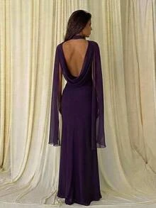 Aloruh Women's Solid Color Cowl Neck Fishtail Hem Elegant Dress - Purple - View 2