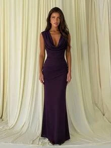 Aloruh Women's Solid Color Cowl Neck Fishtail Hem Elegant Dress - Purple - View 3