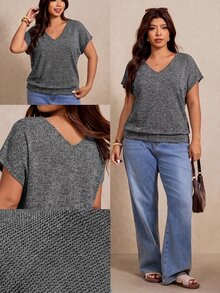 Elaquor Plus Size Knitted Casual Minimalist Versatile T-Shirt Formal Holiday Gray Summer - Royal Blue - View 7