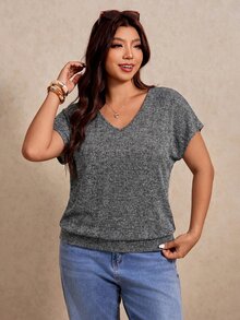 Elaquor Plus Size Knitted Casual Minimalist Versatile T-Shirt Formal Holiday Gray Summer - Royal Blue - View 2