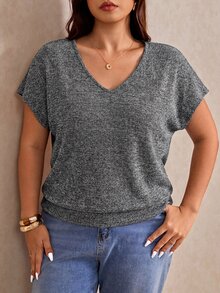 Elaquor Plus Size Knitted Casual Minimalist Versatile T-Shirt Formal Holiday Gray Summer - Royal Blue - View 4