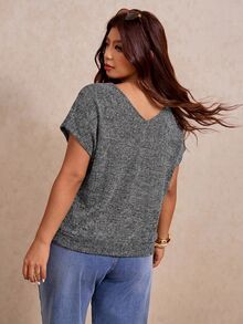 Elaquor Plus Size Knitted Casual Minimalist Versatile T-Shirt Formal Holiday Gray Summer - Royal Blue - View 8