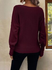 SHEIN LUNE 女士纯色斜肩长袖宽松休闲套头毛衣，秋冬款 - 酒紅色 - 查看 2