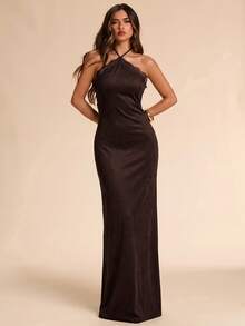 SHEIN BAE Women's Lace Patchwork Casual Party Halter Neck Dress - Brown - View 7
