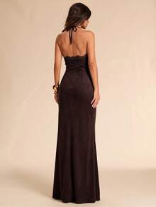 SHEIN BAE Women's Lace Patchwork Casual Party Halter Neck Dress - Brown - View 2