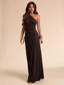 SHEIN BAE Women's Lace Patchwork Casual Party Halter Neck Dress - Brown - View 6