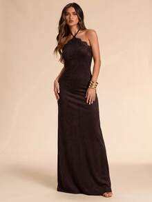 SHEIN BAE Women's Lace Patchwork Casual Party Halter Neck Dress - Brown - View 3