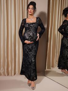 Momance Elegant Maternity Square Neck Long Sleeve Dress - Black - View 6