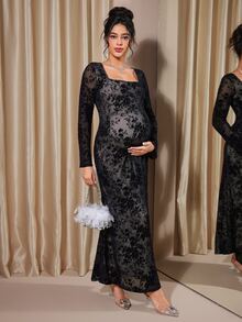 Momance Elegant Maternity Square Neck Long Sleeve Dress - Black - View 5
