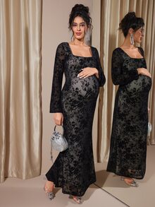 Momance Elegant Maternity Square Neck Long Sleeve Dress - Black - View 2