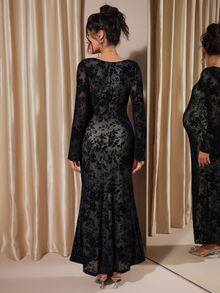 Momance Elegant Maternity Square Neck Long Sleeve Dress - Black - View 3