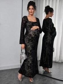 Momance Elegant Maternity Square Neck Long Sleeve Dress - Black - View 1