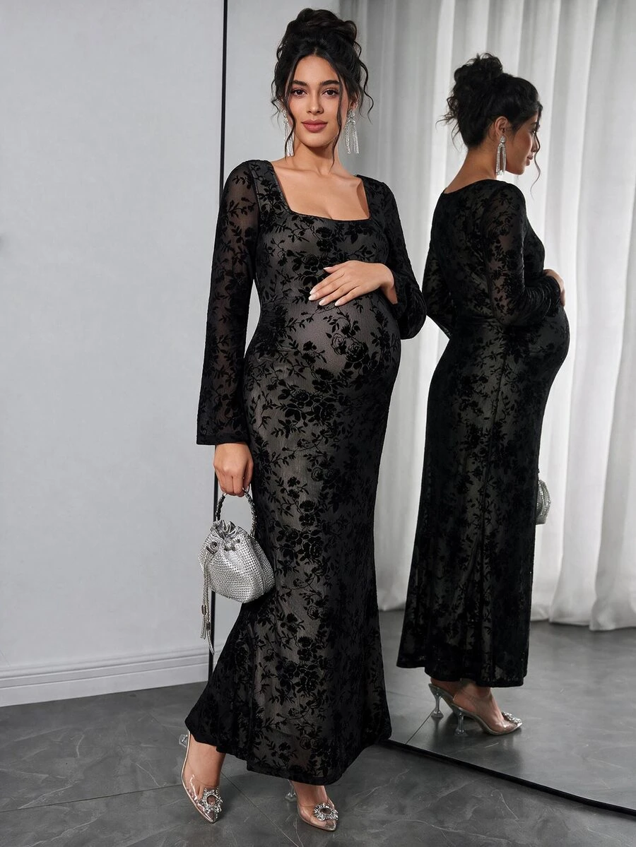 Momance Elegant Maternity Square Neck Long Sleeve Dress - Black - View 1