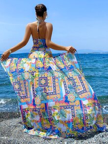 Slaydiva Women's Summer Beach Full Print Halter Backless One-Piece Swimsuit With Knotted Skirt Set, 2pcs - Multicolor - View 2