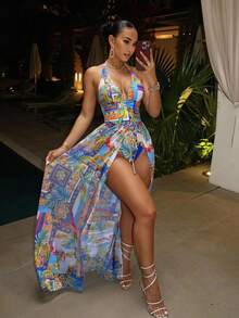 Slaydiva Women's Summer Beach Full Print Halter Backless One-Piece Swimsuit With Knotted Skirt Set, 2pcs - Multicolor - View 1