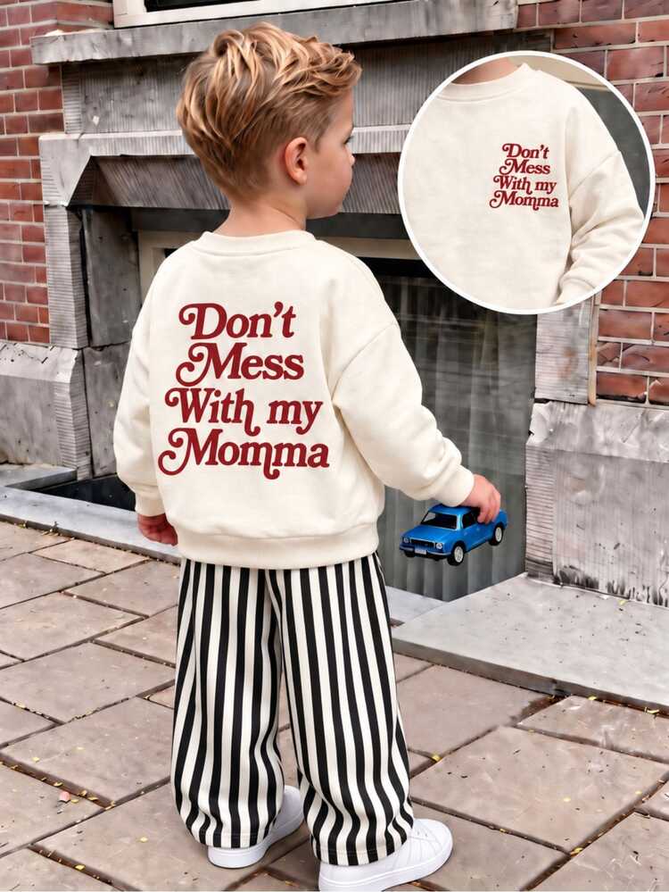 Baby Boy Casual Sweatshirt Set, Includes Round Neck Autumn Top And Striped Wide Leg Casual Pants; Top Printed With "Don't Mess With My Mom" - Multicolor - View 2