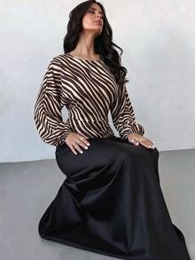 Firerie 女款新款極簡優雅浪漫休閒都市通勤時尚百搭米色斑馬紋圓領蝙蝠袖長袖襯衫，秋季早午餐穿搭 - 棕色 - 查看 6