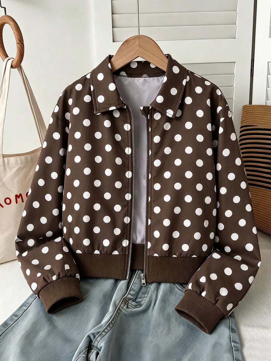 SHEIN Jaket Pendek Wanita Vintage Motif Polkadot Cokelat dengan Kerah Tegak dan Resleting, Jaket Kardigan Kasual Longgar, Cocok untuk Pemakaian Sehari-hari, Musim Semi dan Musim Gugur - Coklat - View 1