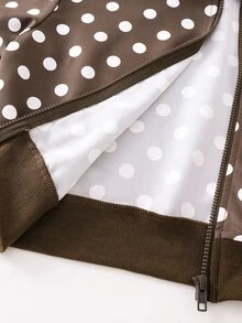 SHEIN 女童復古棕色波點立領拉鍊短夾克，寬鬆休閒開襟外套，適合日常穿著，春秋季 - 棕色 - 查看 8