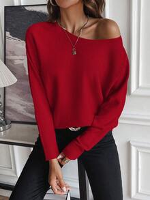SHEIN LUNE Women's Casual Versatile Solid Color Batwing Sleeve Sweater - Red - View 5