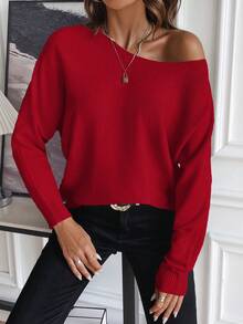 SHEIN LUNE Women's Casual Versatile Solid Color Batwing Sleeve Sweater - Red - View 4