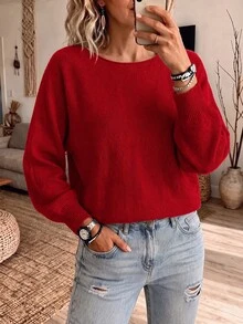 SHEIN LUNE Women's Casual Versatile Solid Color Batwing Sleeve Sweater - Red - View 1
