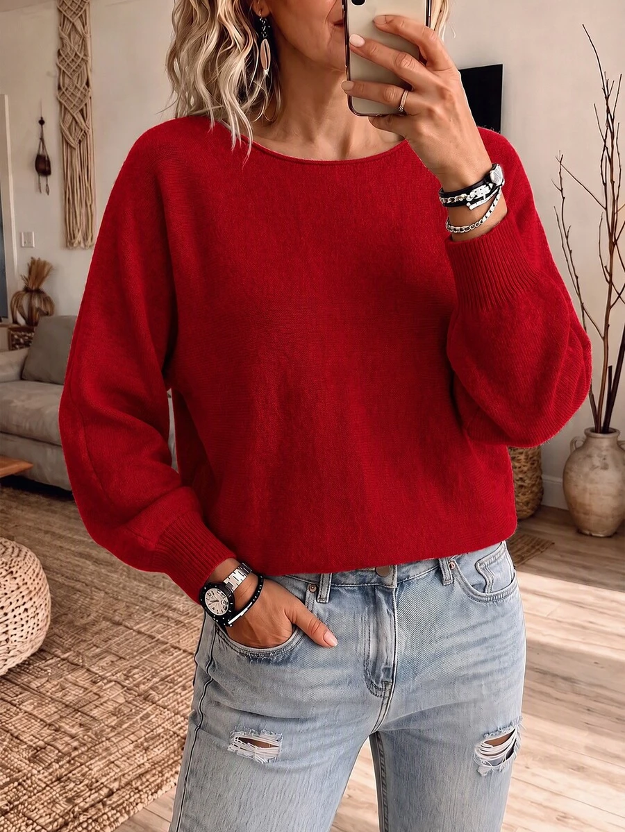 SHEIN LUNE Women's Casual Versatile Solid Color Batwing Sleeve Sweater - Red - View 1