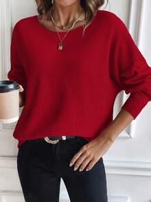 SHEIN LUNE Women's Casual Versatile Solid Color Batwing Sleeve Sweater - Red - View 3