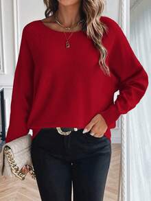 SHEIN LUNE Women's Casual Versatile Solid Color Batwing Sleeve Sweater - Red - View 6