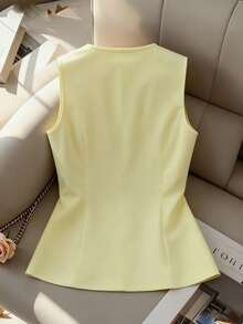 Selianne Women's Casual Yellow Fabric Vest Flared Hem V Neck Sleeveless Regular Length Button Details Plain Lightweight Jacket - Yellow - View 2