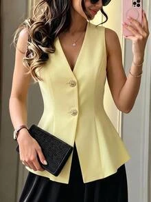 Selianne Women's Casual Yellow Fabric Vest Flared Hem V Neck Sleeveless Regular Length Button Details Plain Lightweight Jacket - Yellow - View 1
