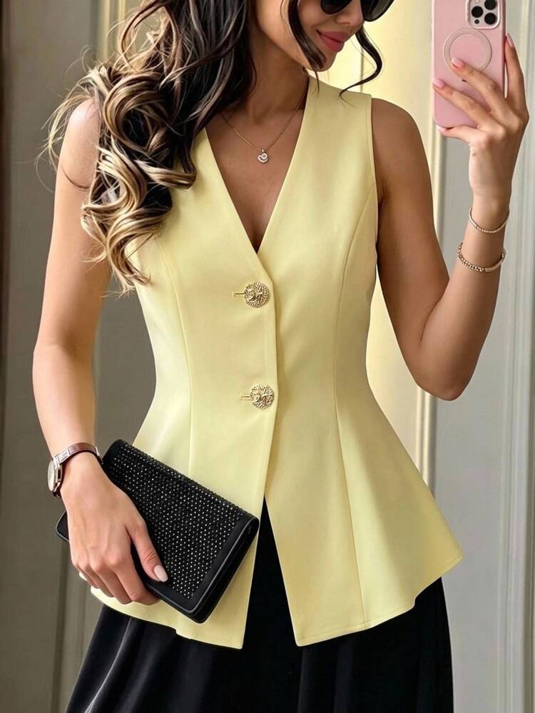 Selianne Women's Casual Yellow Fabric Vest Flared Hem V Neck Sleeveless Regular Length Button Details Plain Lightweight Jacket - Yellow - View 1