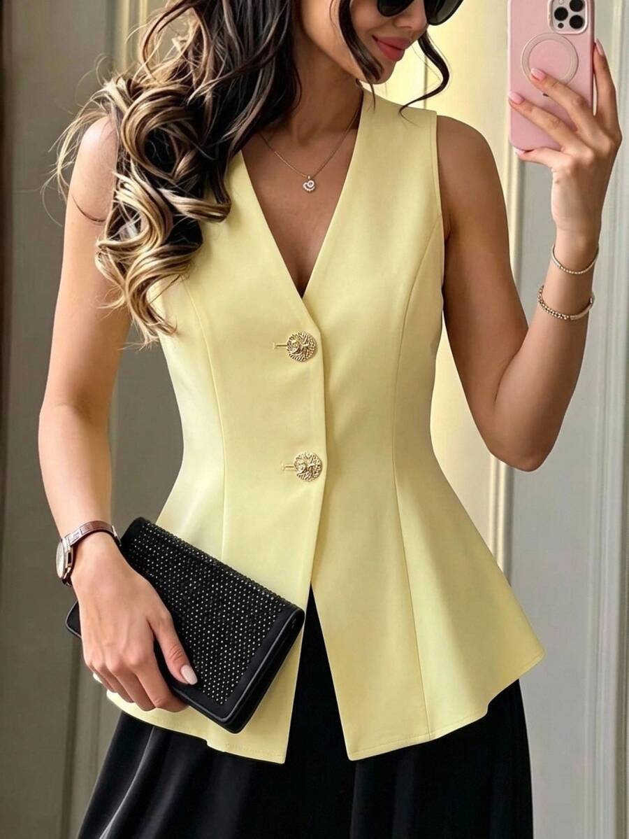 Selianne Women's Casual Yellow Fabric Vest Flared Hem V Neck Sleeveless Regular Length Button Details Plain Lightweight Jacket - Yellow - View 1