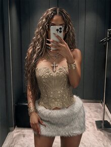 Amplova Women's Hollow Out Bandeau Top With Special Pattern, Sexy Avant-Garde 2 Pieces Set With Fluffy Mini Skirt, Party Club Date Beige Grey Autumn - Apricot - View 1