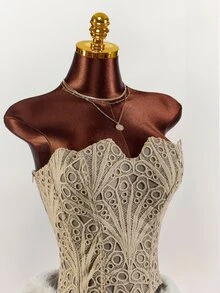 Amplova Women's Hollow Out Bandeau Top With Special Pattern, Sexy Avant-Garde 2 Pieces Set With Fluffy Mini Skirt, Party Club Date Beige Grey Autumn - Apricot - View 8
