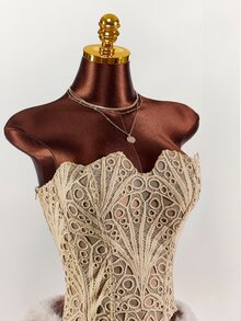 Amplova Women's Hollow Out Bandeau Top With Special Pattern, Sexy Avant-Garde 2 Pieces Set With Fluffy Mini Skirt, Party Club Date Beige Grey Autumn - Apricot - View 11