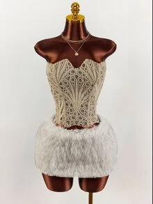 Amplova Women's Hollow Out Bandeau Top With Special Pattern, Sexy Avant-Garde 2 Pieces Set With Fluffy Mini Skirt, Party Club Date Beige Grey Autumn - Apricot - View 6