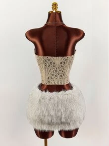 Amplova Women's Hollow Out Bandeau Top With Special Pattern, Sexy Avant-Garde 2 Pieces Set With Fluffy Mini Skirt, Party Club Date Beige Grey Autumn - Apricot - View 5