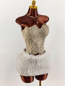 Amplova Women's Hollow Out Bandeau Top With Special Pattern, Sexy Avant-Garde 2 Pieces Set With Fluffy Mini Skirt, Party Club Date Beige Grey Autumn - Apricot - View 7