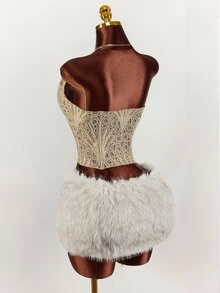 Amplova Women's Hollow Out Bandeau Top With Special Pattern, Sexy Avant-Garde 2 Pieces Set With Fluffy Mini Skirt, Party Club Date Beige Grey Autumn - Apricot - View 10