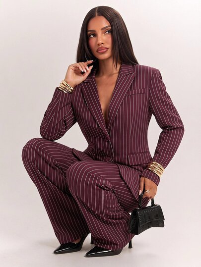 Radiana Casual Fashion Minimalist Textured Oversized Blazer Suit Set, Oversized Padded Shoulder Blazer And Loose Wide Leg Trousers 2-Piece Set, Burgundy Striped Suit, Casual Business Suit, Elegant Suit Set, Commuter Outfit, Work Wear, Office Attire, Fashion Professional Wear, Formal Occasion Clothing