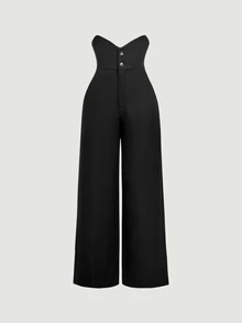 SHEIN MOD Black Classic Suspenders Trousers - Black - View 5