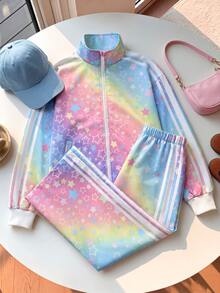 SHEIN 兒童青少年女孩休閒新款秋冬時尚彩色紮染星星印花拼接白色條紋長袖拉鍊夾克與長褲2件套，返校季，秋季服飾，冬季服飾，開襟夾克套裝 - 彩色 - 查看 2