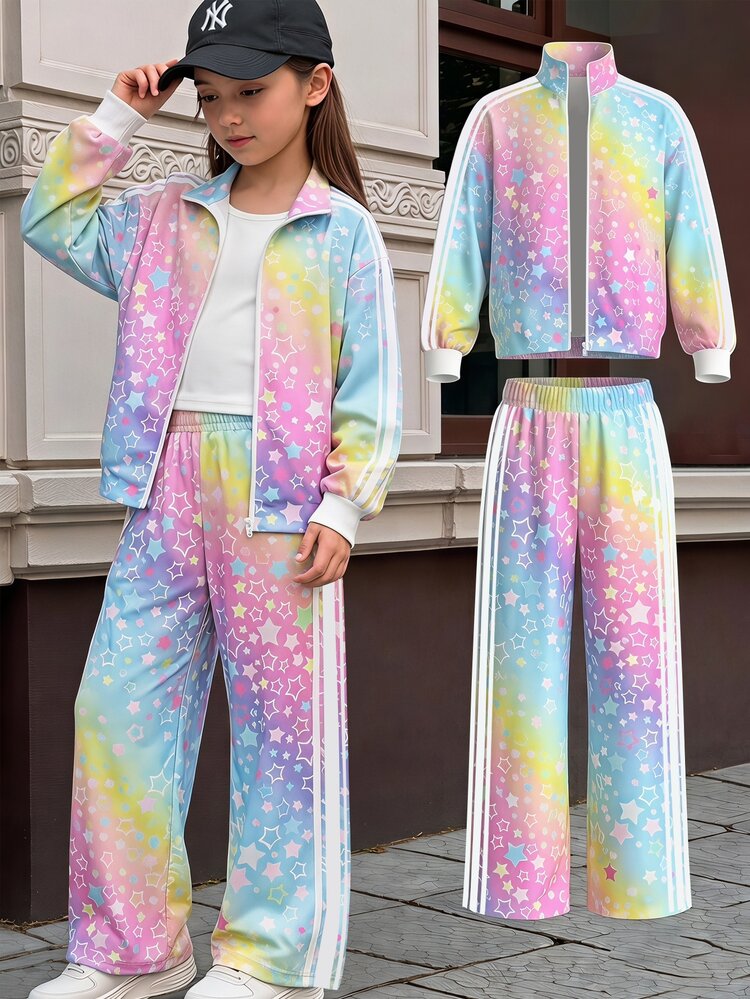 SHEIN Kids Tween Girl Casual New Autumn/Winter Fashion Colorful Tie-Dye Star Print Patchwork White Striped Long Sleeve Zip-Up Jacket And Pants 2 Pieces Set, Back To School, Autumn Clothing, Winter Clothing, Cardigan Jacket Outfit Set - Multicolor - View 1