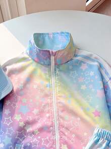 SHEIN 兒童青少年女孩休閒新款秋冬時尚彩色紮染星星印花拼接白色條紋長袖拉鍊夾克與長褲2件套，返校季，秋季服飾，冬季服飾，開襟夾克套裝 - 彩色 - 查看 6