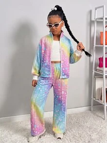 SHEIN 兒童青少年女孩休閒新款秋冬時尚彩色紮染星星印花拼接白色條紋長袖拉鍊夾克與長褲2件套，返校季，秋季服飾，冬季服飾，開襟夾克套裝 - 彩色 - 查看 3